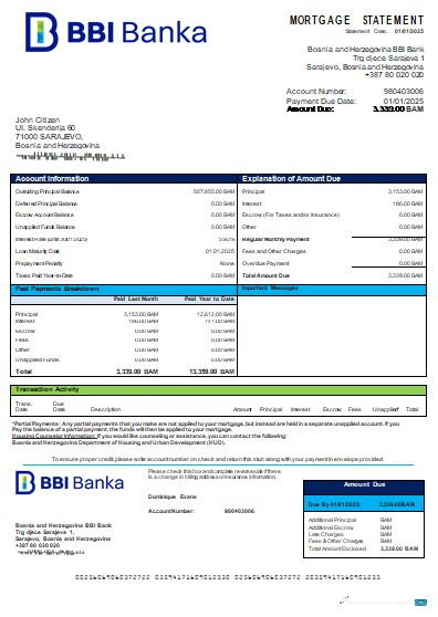 Download Bosnia and Herzegovina BBI Bank bank mortgage statement scr Photoshop template